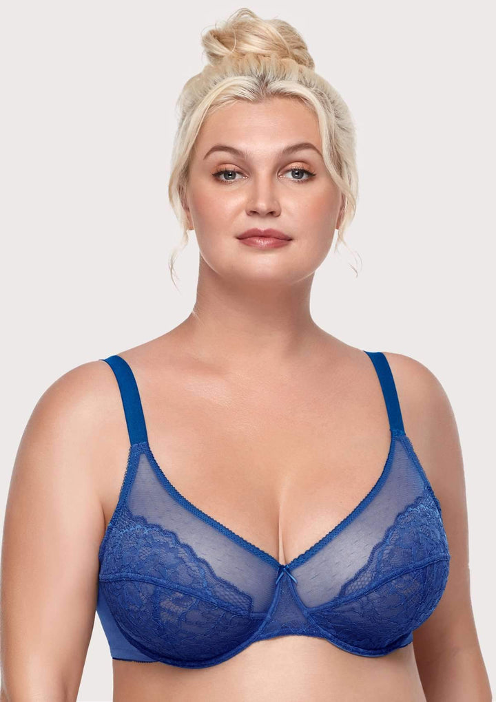 MRULIC bras for women Womens Underwire Bra Lace Floral Bra Unlined Unpadded  Plus Size Full Coverage Bra Dark blue + M 
