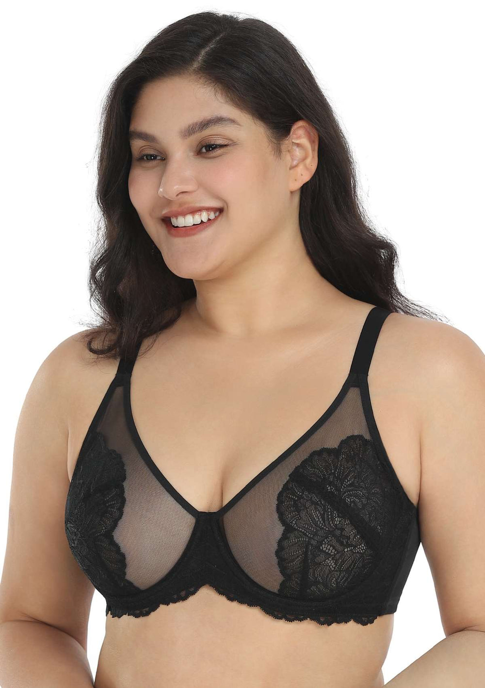 Unlined Lace and Mesh Bra - Black