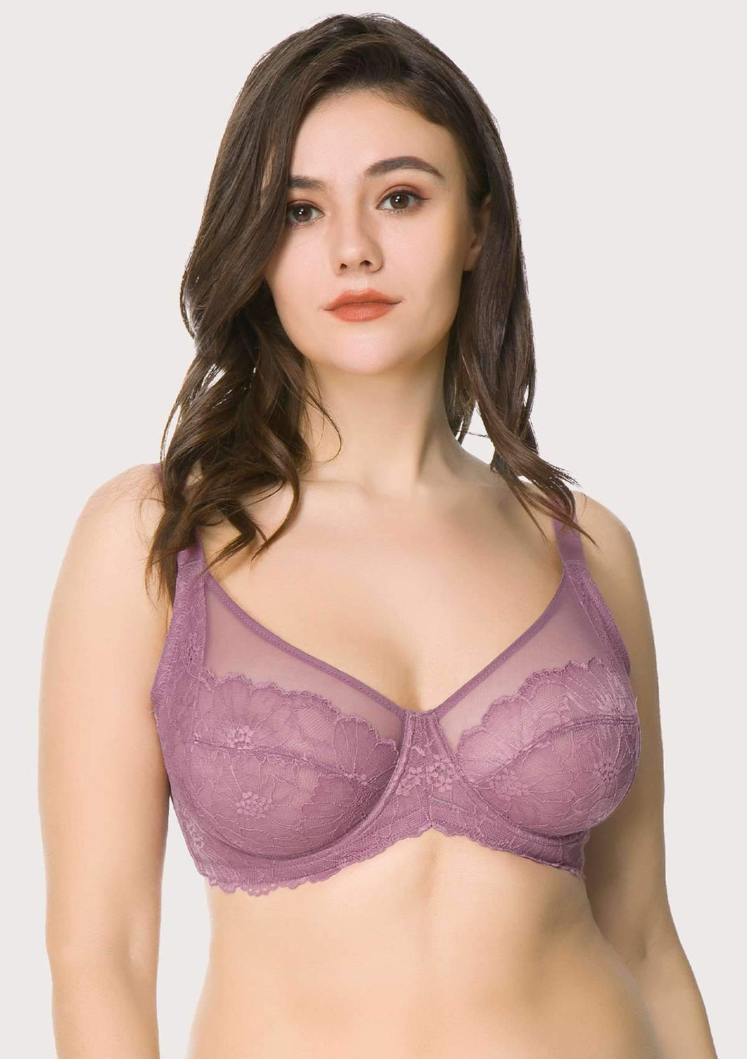  Womens Plus Size Full Coverage Underwire Unlined Minimizer  Lace Bra Heliotrope 34D