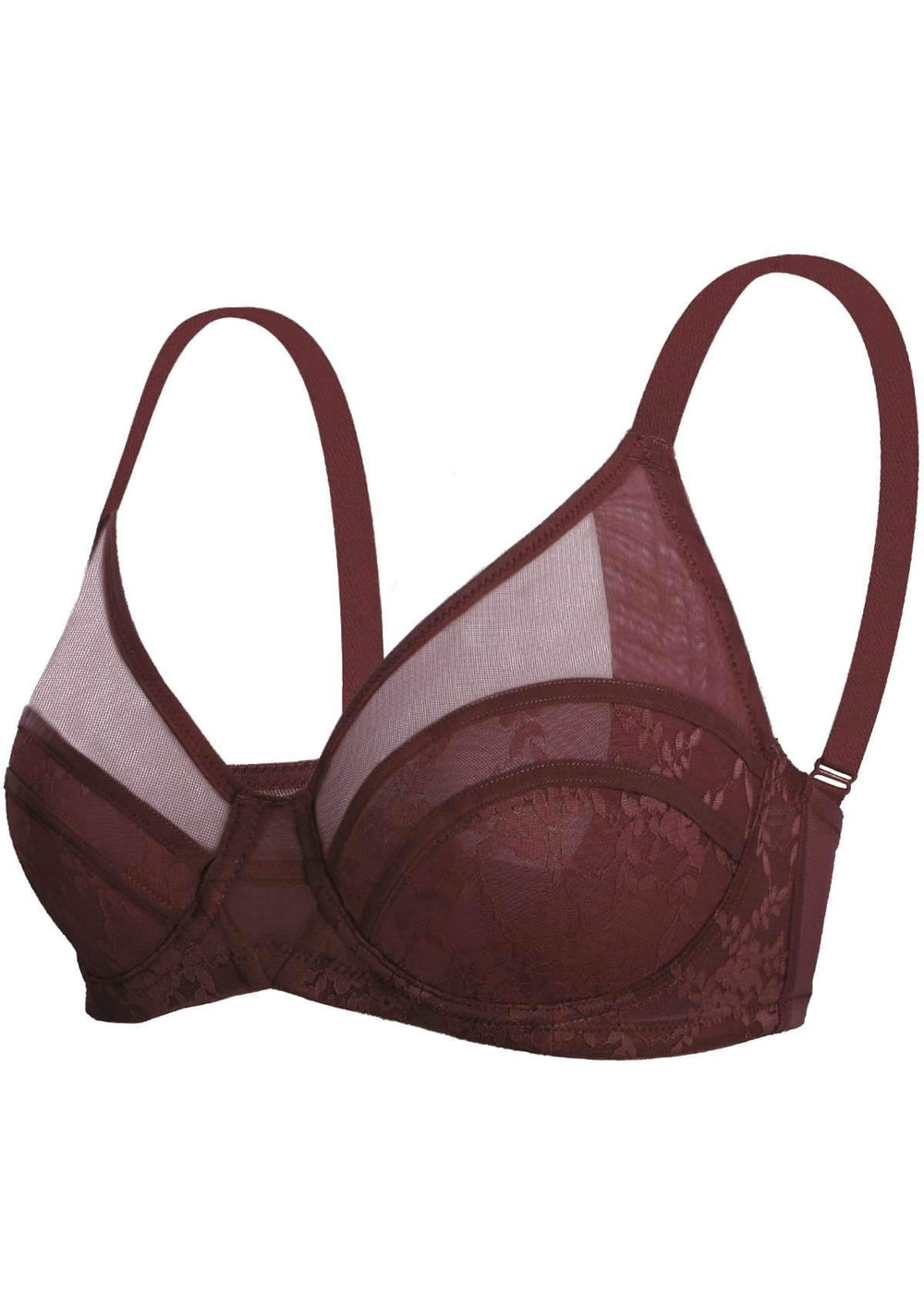 Wine Red Sheer Lace Unlined Unpadded Bra With Thin Net Band And