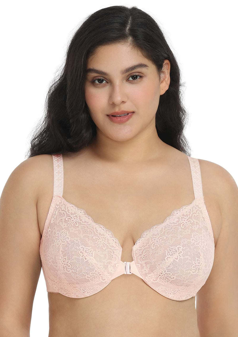  Womens Front Closure Bras Plus Size Lace Full Coverage  Underwire Unlined Bra Beige 48C